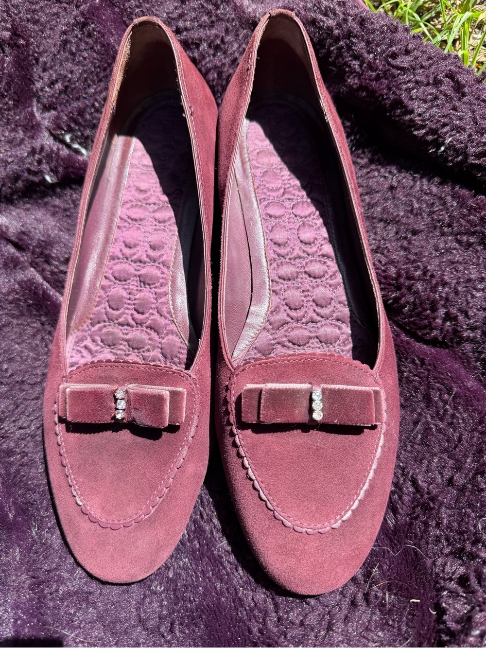 Coach Plum Suede Bow Loafers with Crystal Detail - Picture 2 of 5